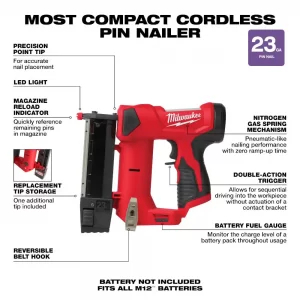 Milwaukee 2540-20-48-11-2460-48-11-2430 M12 12-Volt 23-Gauge Lithium-Ion Cordless Pin Nailer with M12 6.0Ah and M12 3.0Ah Battery Packs