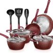 NutriChef Nonstick Cookware Excilon Home Kitchen Ware Pots & Pan Set with Saucepan Frying Pans, Cooking Pots, Lids, Utensil PTFE PFOAPFOS free, 11 Pcs, Purple Diamond, One size