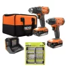 RIDGID R9272-AR2038 18V Cordless 2-Tool Combo Kit with Batteries, Charger, Bag and Impact Rated Driving Kit (40-Piece)