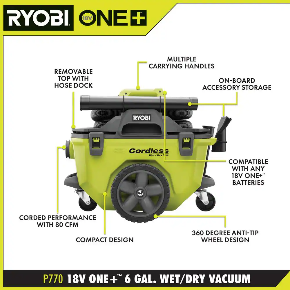 RYOBI P770-PBP004 ONE+ 18V 6 Gal. Cordless Wet/Dry Vacuum with FREE 4.0 Ah  Lithium-Ion HIGH PERFORMANCE Battery –