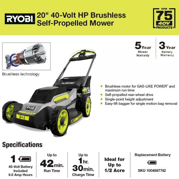 RYOBI RY401180VNM 40V HP Brushless 20 in. Cordless Electric Battery ...