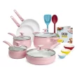 Tasty Ceramic Titanium-Reinforced Cookware Set, Pink, 16 Piece