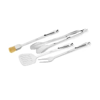 All Clad K127S464 BBQ Tool Set, Grill Accessories, 4 Pieces: Fork, Brush, Locking Tongs and Turner. Stainless Steel, Silver