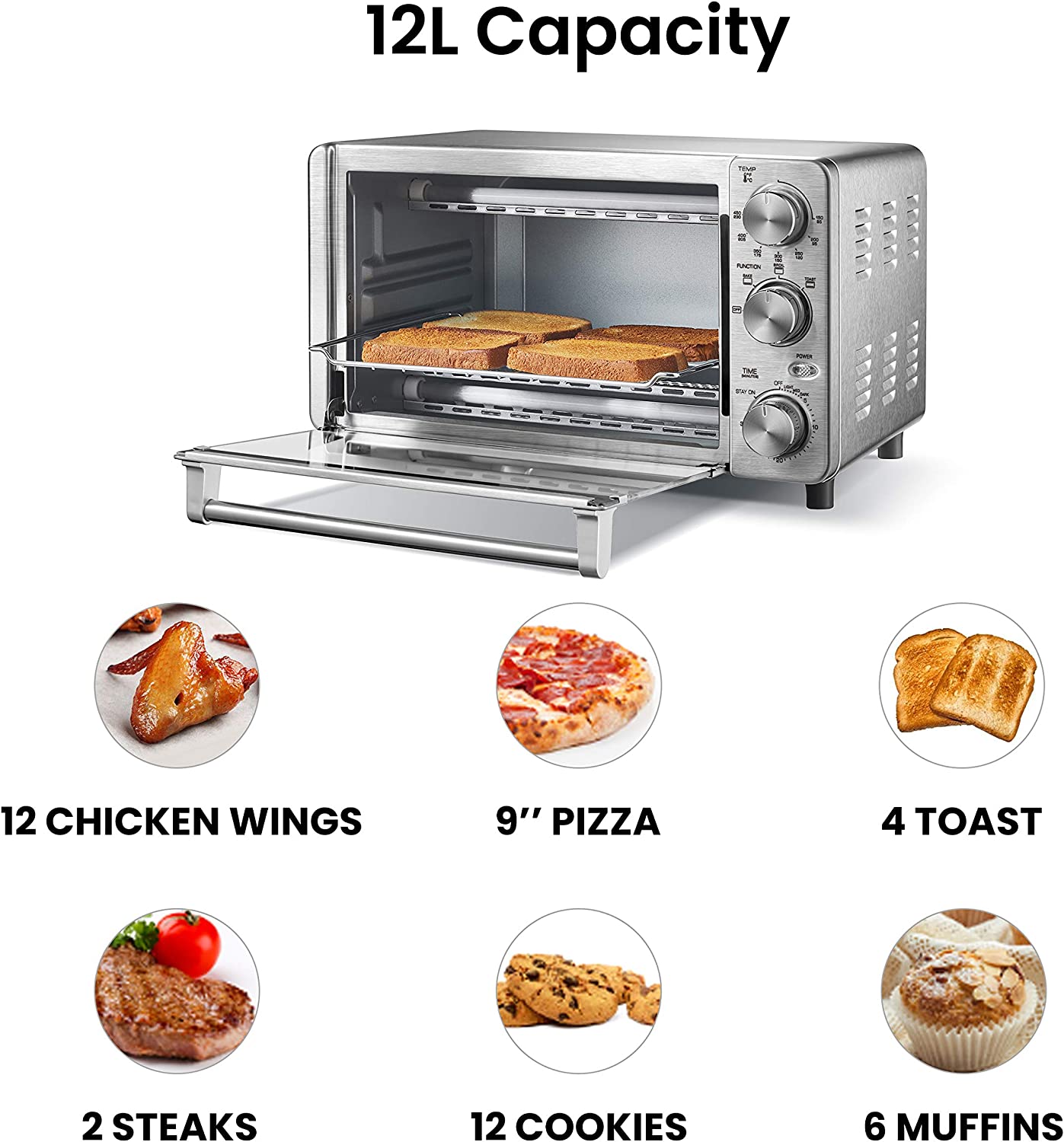 COMFEE' 4 Slice Small Toaster Oven Countertop, 12L with 30-Minute Timer,  3-In-One, Bake, Broil, Toast, 1100 Watts, Dual heating element, Stainless  Steel(CFO-BG12(SS)) –