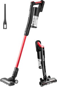 EUREKA NEC101 Cordless Vacuum Cleaner LED Headlights, Convenient Stick and Handheld Vac, Basic, Red, Black