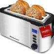 Elite Gourmet ECT4400B# Long Slot 4 Slice Toaster, Countdown Timer, Bagel Function, 6 Toast Setting, Defrost, Cancel Function, Built-in Warming Rack, Extra Wide Slots for Bagel Waffle, Stainless Steel