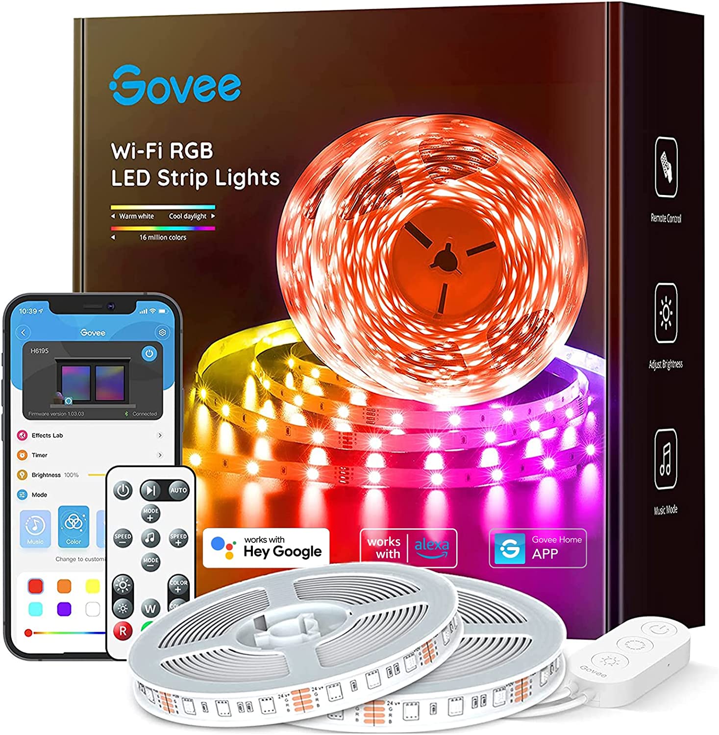 Govee Smart LED Strip Lights, 65.6ft WiFi LED Strip Lighting, Work with  Alexa and Google Home, DIY Mode and Music Sync RGB LED Lights for Bedroom