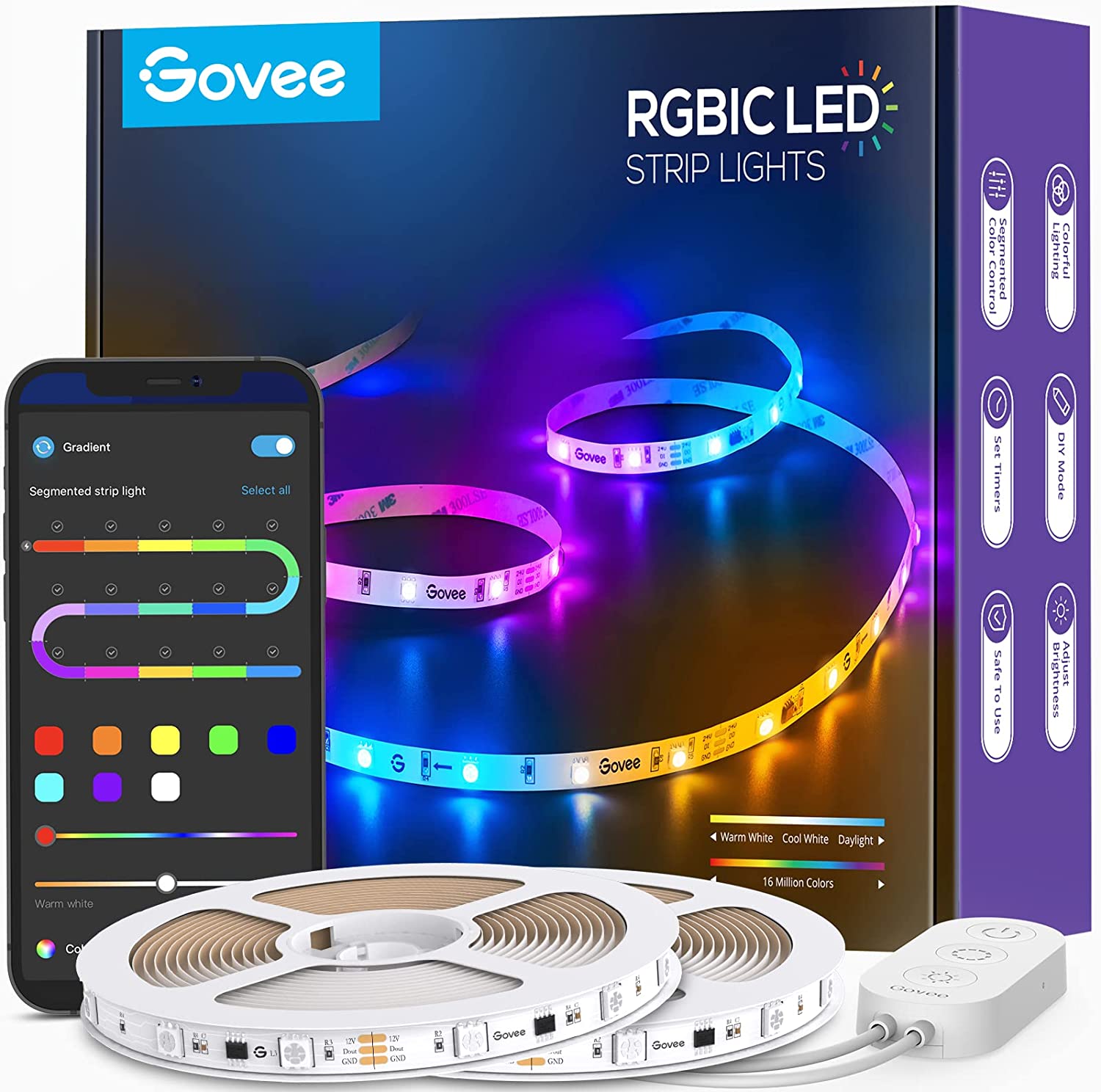 Govee 65.6ft RGBIC LED Strip Lights, Color Changing LED Strips, App Control  via Bluetooth, Smart Segmented Control, Multiple Scenes, Enhanced Music  Sync LED Lights for Bedroom, Party (2 X 32.8ft)Govee 65.6ft RGBIC