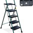 HBTower KQ0002 4 Step Ladder, Folding Step Stool with Tool Platform, Wide Anti-Slip Pedal, Sturdy Steel Ladder, Convenient Handgrip, Lightweight 330lbs Portable Steel Step Stool, Green and Black