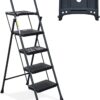 HBTower KQ0004-BK 4 Step Ladder, Folding Step Stool with Tool Platform, Wide Anti-Slip Pedal, Sturdy Steel Ladder, Convenient Handgrip, Lightweight 330lbs Portable Steel Step Stool, Black