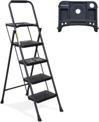 HBTower KQ0004-BK 4 Step Ladder, Folding Step Stool with Tool Platform, Wide Anti-Slip Pedal, Sturdy Steel Ladder, Convenient Handgrip, Lightweight 330lbs Portable Steel Step Stool, Black