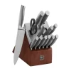 Henckels International makes essential kitchen tools that every home chef needs. Created in 1895, this time-honored brand offers high quality at an exceptional value. Sharpness is always in reach with Henckels International Self-Sharpening Modernist Knife Blocks. The self-sharpening slots boast built-in ceramic honing wheels that automatically sharpen when knives are stored or removed. The remaining slots are for serrated knives, whose toothed blades never need sharpening. With these must-have knife blocks, enjoy effortless sharpness for precise prep work every time. Plus, their handsome stained ash wood base and stainless steel cap add aesthetic appeal to your countertop. Tailor-made for J.A. Henckels International Modernist knives, these blocks help you maintain the superior sharpness of their fine edge, precision-honed blades. With a seamless transition from blade to handle, the knives' fully forged construction provides balance while their traditional triple-rivet handle encourages tireless cutting. Set includes: 3 in. Paring Knife; 5 in. Serrated Utility Knife; 6 in. Utility Knife; 7 in. Santoku Knife; 8 in. Bread Knife; 8 in. Chef's Knife; 4.5 in. Steak Knives (6); Kitchen Shears; Self-Sharpening Knife Block Stylish brushed stainless steel cap and stained ash wood base self-sharpening block Tailor-made for the J.A. Henckels International Modernist knife series Self-sharpening slots that sharpen each time a knife is removed or replaced Labeled slots guide proper placement Knives made of high-quality German stainless steel Lightweight, ergonomic, stainless steel handle