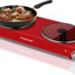 Hot Plate, Techwood 1800W Electric Dual Hot Plate, Countertop Stove Double Burner for Cooking, Infrared Ceramic Hot Plates Double Cooktop, Red, Brushed Stainless Steel Easy To Clean Upgraded Version, Red