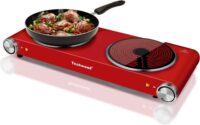 Hot Plate, Techwood 1800W Electric Dual Hot Plate, Countertop Stove Double Burner for Cooking, Infrared Ceramic Hot Plates Double Cooktop, Red, Brushed Stainless Steel Easy To Clean Upgraded Version, Red