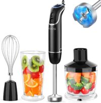 KOIOS Upgraded Immersion Hand Blender, 800W Motor, 12-Speed, 4 in 1 and Turbo Mode, Splashproof Blender Shaft with 304 Stainless Steel Blade, Egg Whisk, BPA-Free 500ml Food Processor, 600ml Beaker
