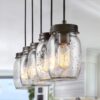 LNC Farmhouse Mason Jar Chandelier, 5-Light Adjustable Rustic Pendant Chandeliers Hanging Light Fixture for Kitchen Island and Dining Room