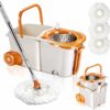MASTERTOP Spin Mop Bucket System with Wringer Set - Floor Mop Stainless Steel Mop Handle, Mop Buckets Separate Clean and Dirty Water, 4 Washable Microfiber Mop Head, Cleaning Bucket Easy to Store