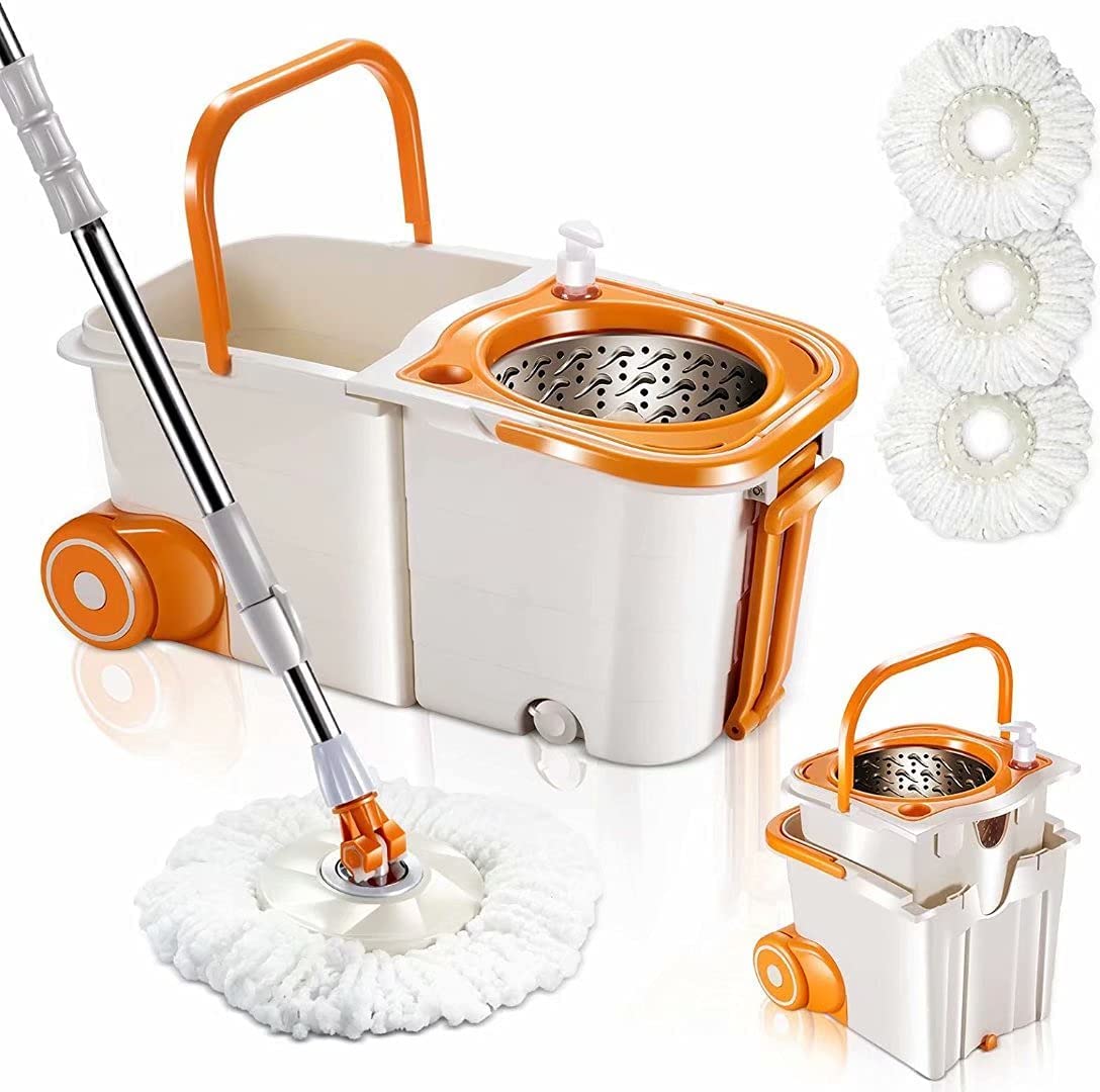 Mop and Bucket with Wringer Set 360° 3psc Microfiber Spin Mop with