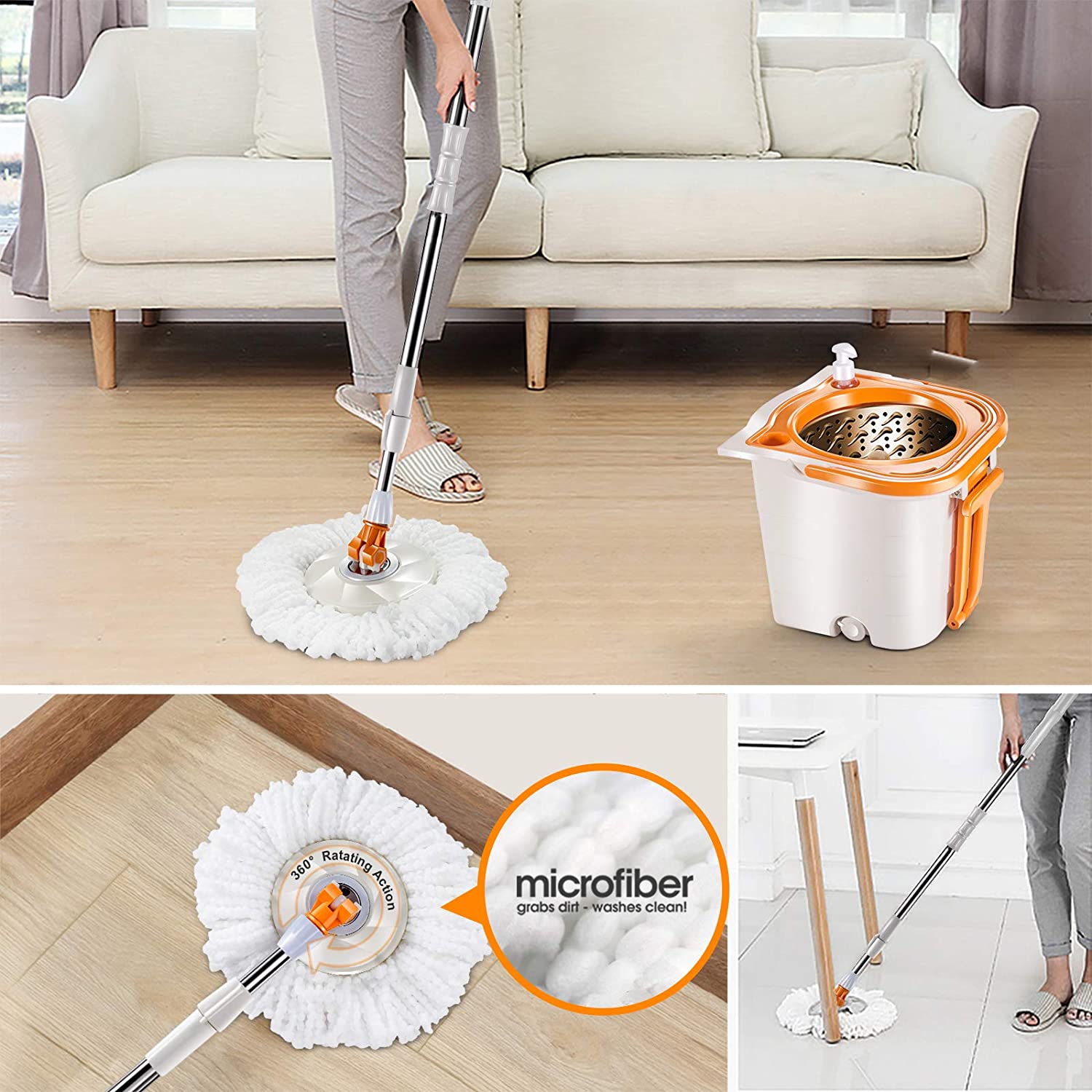 MasterTop Spin Mop Bucket System with Wringer Set - Floor Mop Stainless Steel Mop Handle, Mop Buckets Separate Clean and Dirty Water