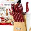 McCook® MC24 15 Pieces Stainless Steel Kitchen Knife Sets with Wooden Block, Kitchen Scissors and Built-in Sharpener, Red