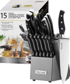 McCook® MC25A Knife Sets,15 Pieces German Stainless Steel Kitchen Knife Block Set with Built-in Sharpener