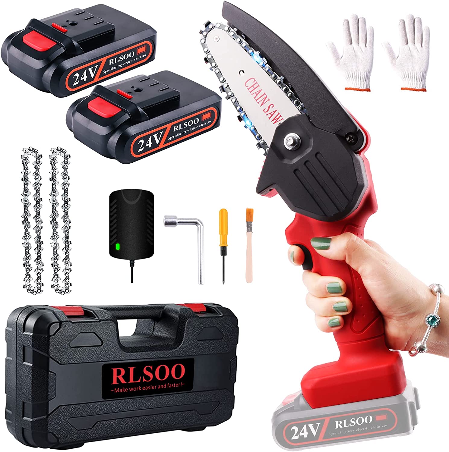 Mini Chainsaw, RLSOO Upgraded 4-Inch 24V Battery Powered Cordless Chainsaw, Portable One-Handed Rechargeable Electric Chainsaw