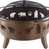 Nature Spring 50-LG1202 32” Outdoor Deep Fire Pit-Round Large Steel Bowl with Bear Cutouts, Mesh Spark Screen, Log Poker & Storage Cover-Patio Wood Burning, Antique Gold