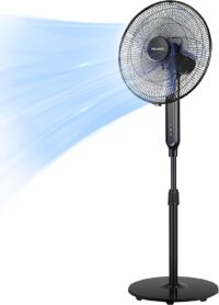 PELONIS 16 Oscillating Pedestal Stand Up Fan Adjustable Height Ultra Quiet DC Motor Remote Control 12 Speed 12-Hour Timer High Energy Efficiency for Bedroom Home Office Use Black
