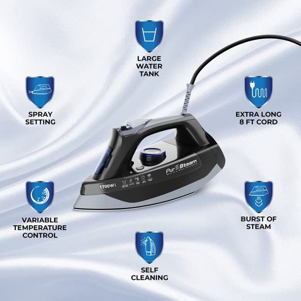 Professional Grade 1700W Steam Iron for Clothes with Rapid Even Heat  Scratch Resistant Stainless Steel Sole Plate, True Position Axial Aligned  Steam