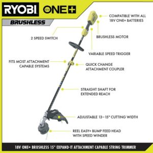 RYOBI P20110-EDG ONE+ 18V Brushless 15 in. Cordless Attachment Capable String Trimmer with Edger Attachment, 4.0 Ah Battery, and Charger