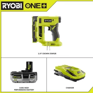 RYOBI P317-PSK004 ONE+ 18V Cordless Compression Drive 3.8 in. Crown Stapler with HIGH PERFORMANCE 4.0 Ah Battery and Charger Kit