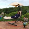 Sunnydaze Decor CHL-BEIGE Black Metal Frame Hanging Chaise Lounge Chair(s) with Tan Sling Seat Sunnydaze Decor CHL-BEIGE Black Metal Frame Hanging Chaise Lounge Chair(s) with Tan Sling Seat
