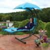 Sunnydaze Decor CHL-TEAL Black Metal Frame Hanging Chaise Lounge Chair(s) with Blue Sling Seat