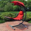 Sunnydaze Decor DL-CHL Black Metal Frame Hanging Chaise Lounge Chair(s) with Red Sling Seat Sunnydaze Decor DL-CHL Black Metal Frame Hanging Chaise Lounge Chair(s) with Red Sling Seat