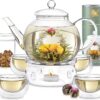 Teabloom Complete Tea Set – Glass Teapot (40 OZ), Loose Tea Glass Infuser, 4 Insulated Glass Teacups, Tea Warmer, and 12 Flowering Teas – Elegant Blooming Tea Gift Set
