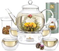 Teabloom Complete Tea Set – Glass Teapot (40 OZ), Loose Tea Glass Infuser, 4 Insulated Glass Teacups, Tea Warmer, and 12 Flowering Teas – Elegant Blooming Tea Gift Set