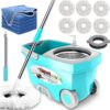 Tsmine Spin Mop Bucket System Stainless Steel Deluxe 360 Spinning Mop Bucket Floor Cleaning System with 6 Microfiber Replacement Head Refills,61