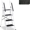Usinso 4 Step Ladder Tool Ladder Folding Portable Steel Frame MAX 500 lbs Non-Slip Side armrests Large Area Pedals Detachable ToolBag Suitable for Home Office Engineering