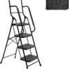 Usinso 4 Step Ladder Tool Ladder Folding Portable Steel Frame MAX 500 lbs Non-Slip Side armrests Large Area Pedals Detachable ToolBag Suitable for Home Office Engineering (Black）