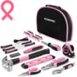 WORKPRO W009012A Pink Tool Kit - Hand Tool Set with Easy Carrying Round Pouch - Durable, Long Lasting Chrome Finish Tools - Perfect for DIY, Home Maintenance - Pink Ribbon