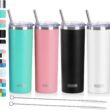 koodee 20 oz Skinny Tumblers (4 Pack) Stainless Steel Insulated Tumbler with Lids, Straws and Straw Brushes（Teal,Pink,Black,White）