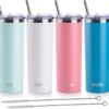 koodee 20 oz Stainless Steel Skinny Tumblers (4 Pack) Double Wall Insulated Water Tumbler Cup with Straw, Lids and Straw Brushes (Baby blue,White,Pink,Sky ,Blue)