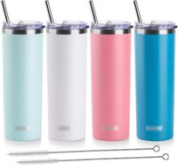 koodee 20 oz Stainless Steel Skinny Tumblers (4 Pack) Double Wall Insulated Water Tumbler Cup with Straw, Lids and Straw Brushes (Baby blue,White,Pink,Sky ,Blue)