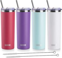 koodee 20 oz Stainless Steel Skinny Tumblers (4 Pack) Double Wall Insulated Water Tumbler Cup with with Straw, Lid（Wine red-Purple-Tiffany blue-White）