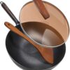 ANEDER Carbon Steel Wok Pan with Lid & Wood Spatula, 12.5
