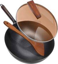 ANEDER Carbon Steel Wok Pan with Lid & Wood Spatula, 12.5" Cast Iron Stir Fry Pan with Flat Bottom and Wooden Handle for Electric, Induction and Gas Stoves