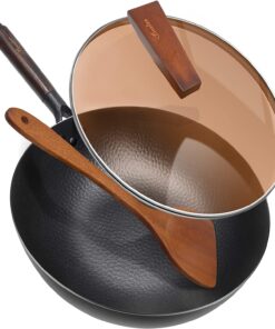 ANEDER Carbon Steel Wok Pan with Lid & Wood Spatula, 12.5" Cast Iron Stir Fry Pan with Flat Bottom and Wooden Handle for Electric, Induction and Gas Stoves