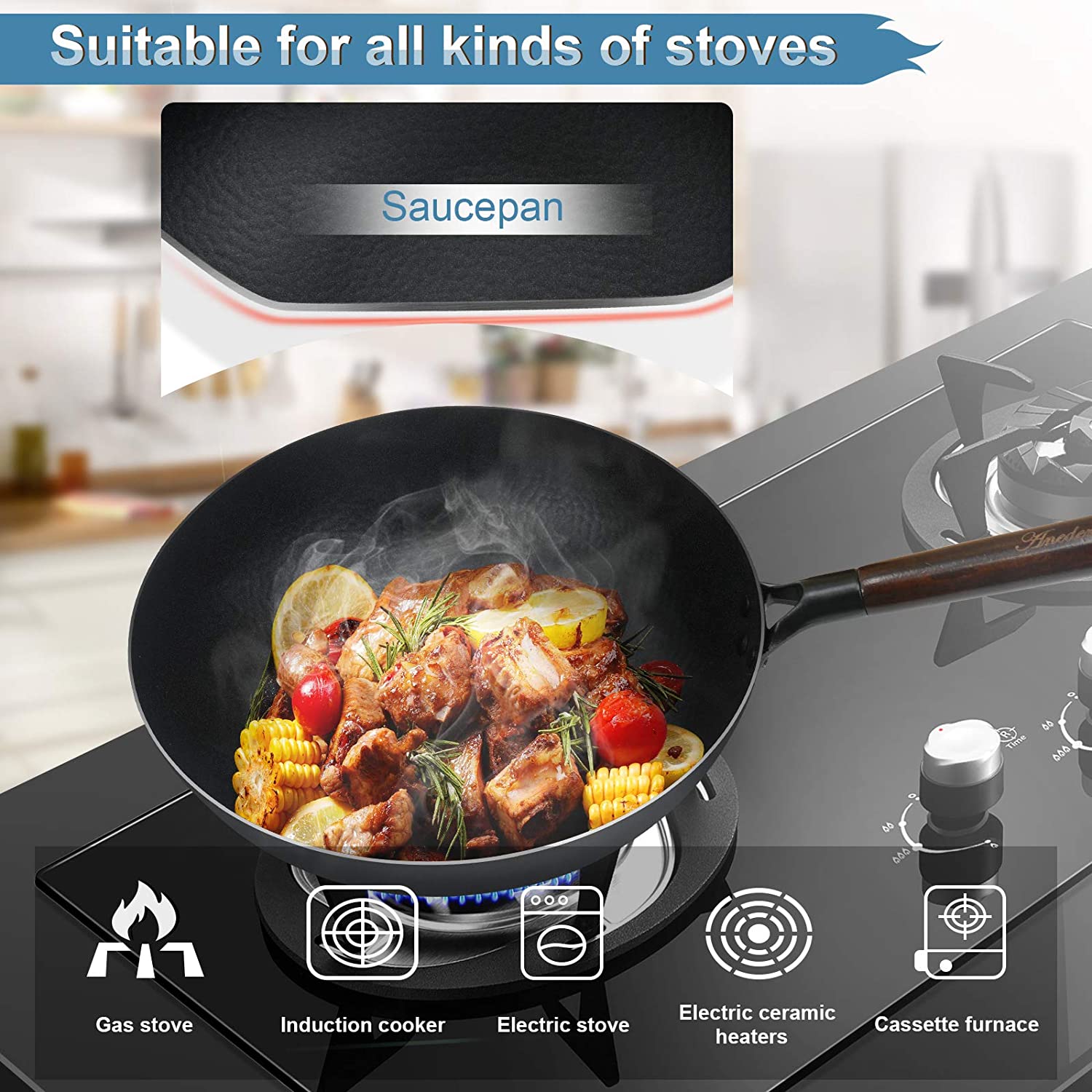 Iron Wok Traditional 12.5 Carbon Steel Wok Non-stick Pan Woks and Stir Fry  Pans with lid Kitchen Cookwar for All Stoves