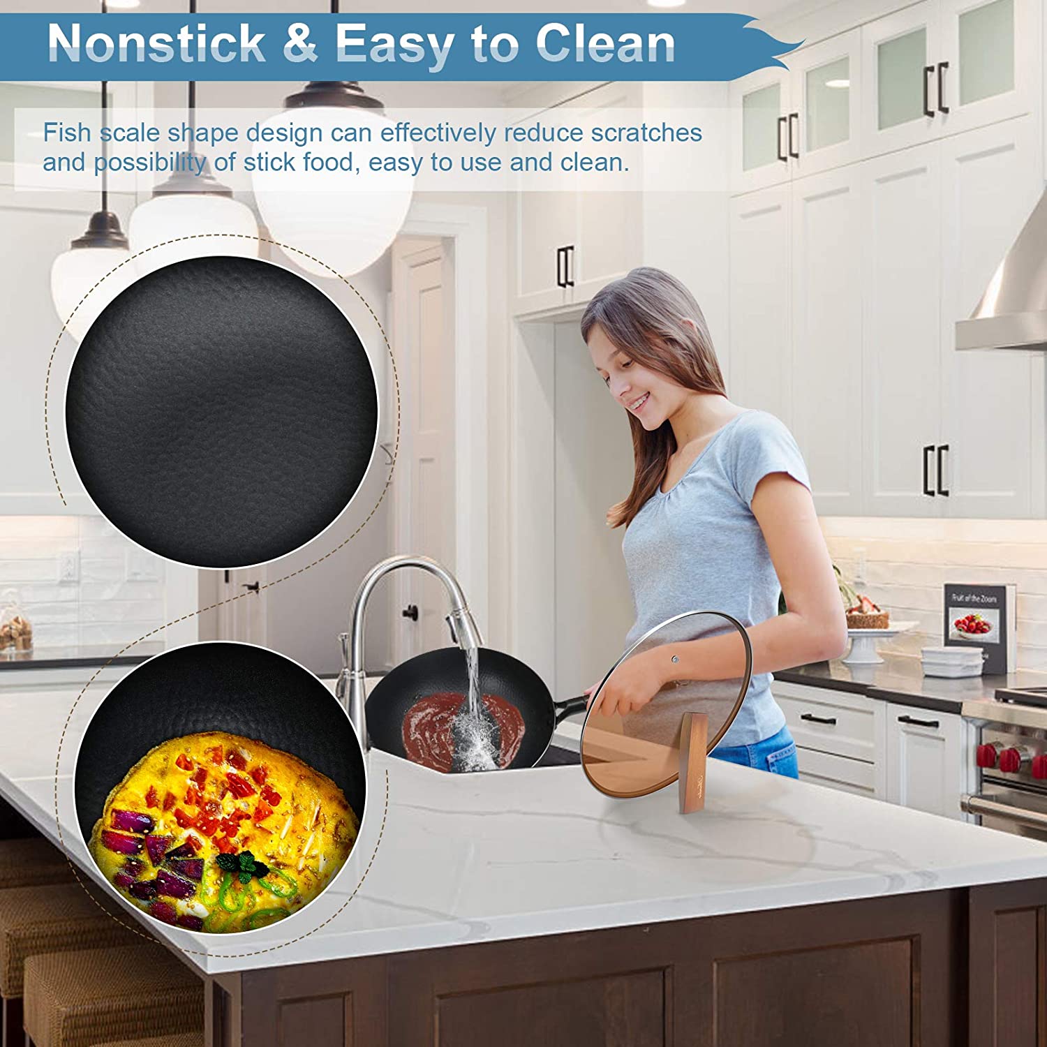 Iron Wok Traditional 12.5 Carbon Steel Wok Non-stick Pan Woks and Stir Fry  Pans with lid Kitchen Cookwar for All Stoves