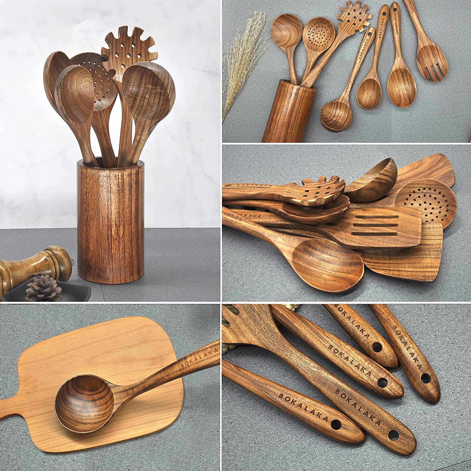BOKALAKA Wooden Spoons for Cooking,10 Pcs Natural Teak Wooden Kitchen Utensils Set Wooden Utensils for Cooking Wooden Cooking Utensils Wooden Spatulas